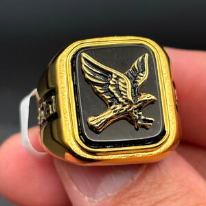Blackjack BJZ03G Mens Onyx Eagle Ring 18K Gold Plated Stainless Steel NWT SZ#13